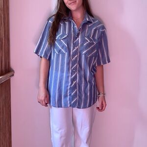 90s Wrangler Blue and White Striped Button Up